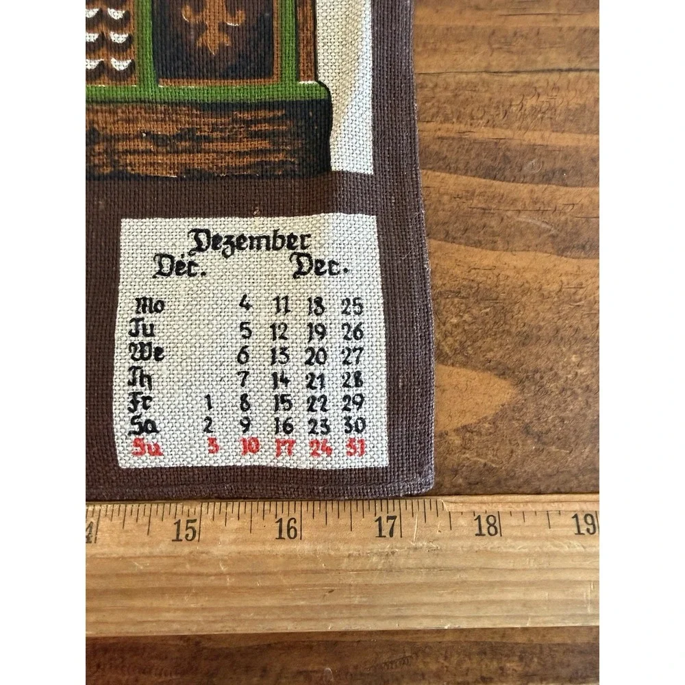 Vintage German Linen Tea Towel Calendar 1978 Floral Brown Yellow Red White